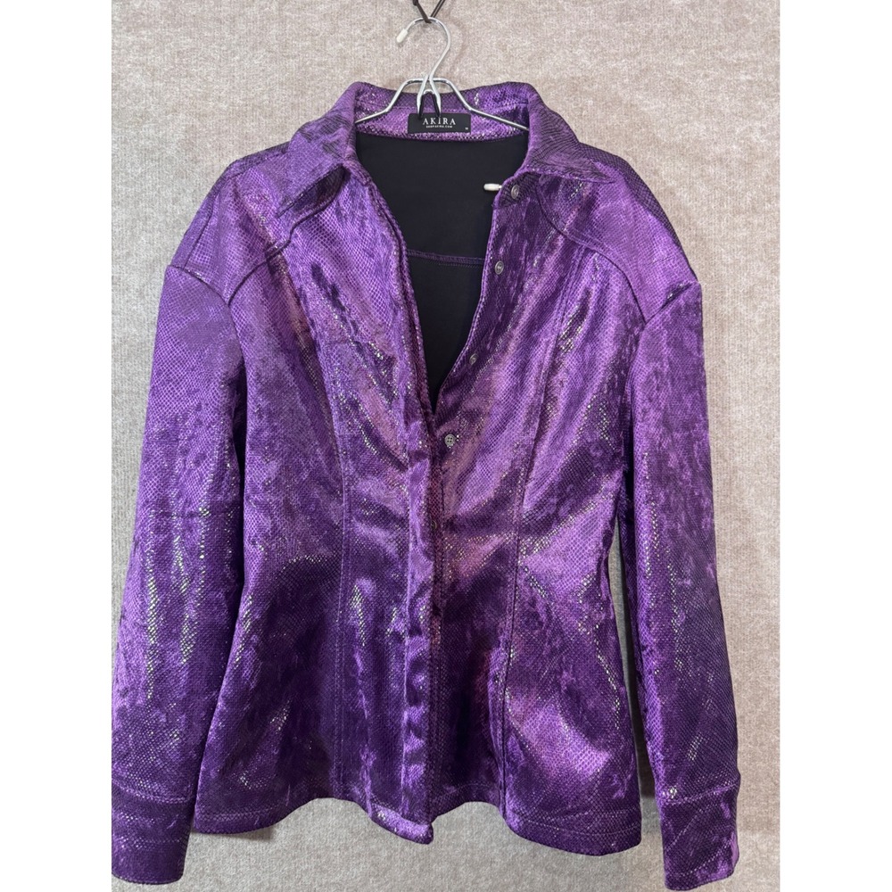 Akira Faux Snakeskin Button Down Shirt Womens Medium Purple Metallic Glam Rock